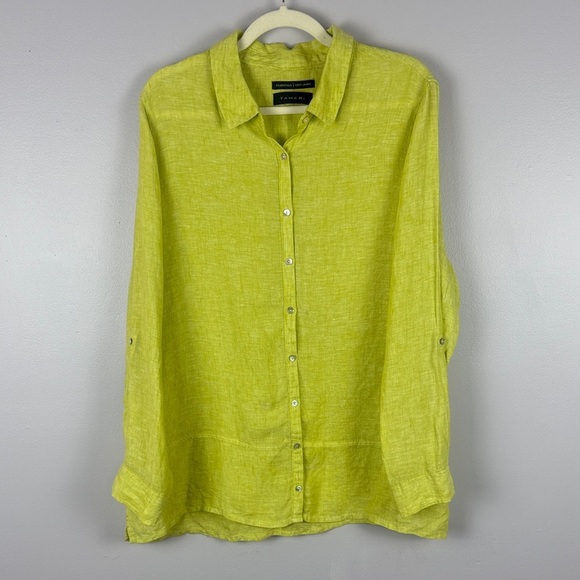 Tahari 100% Linen Oversize Vibrant Yellow Roll-Up Sleeve Blouse Size XL - Picture 2 of 9